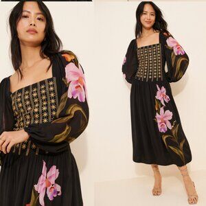 Farm Rio Anthropologie Floral Long Sleeve Embroidered Midi Dress size M